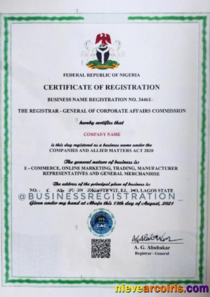 Nigeria Certificate of Registration